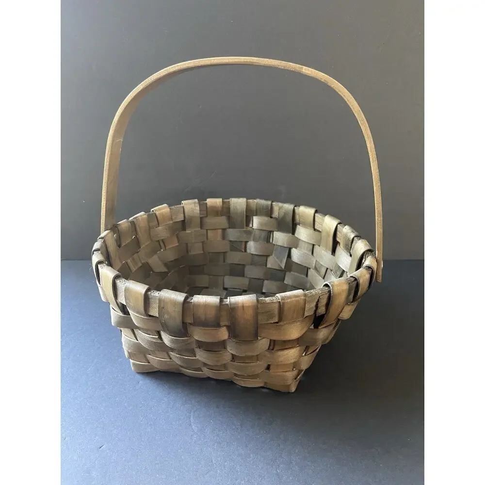 Vtg Gathering Basket Vegetable Slat Wood Woven Handcrafted Farmhouse Cottage